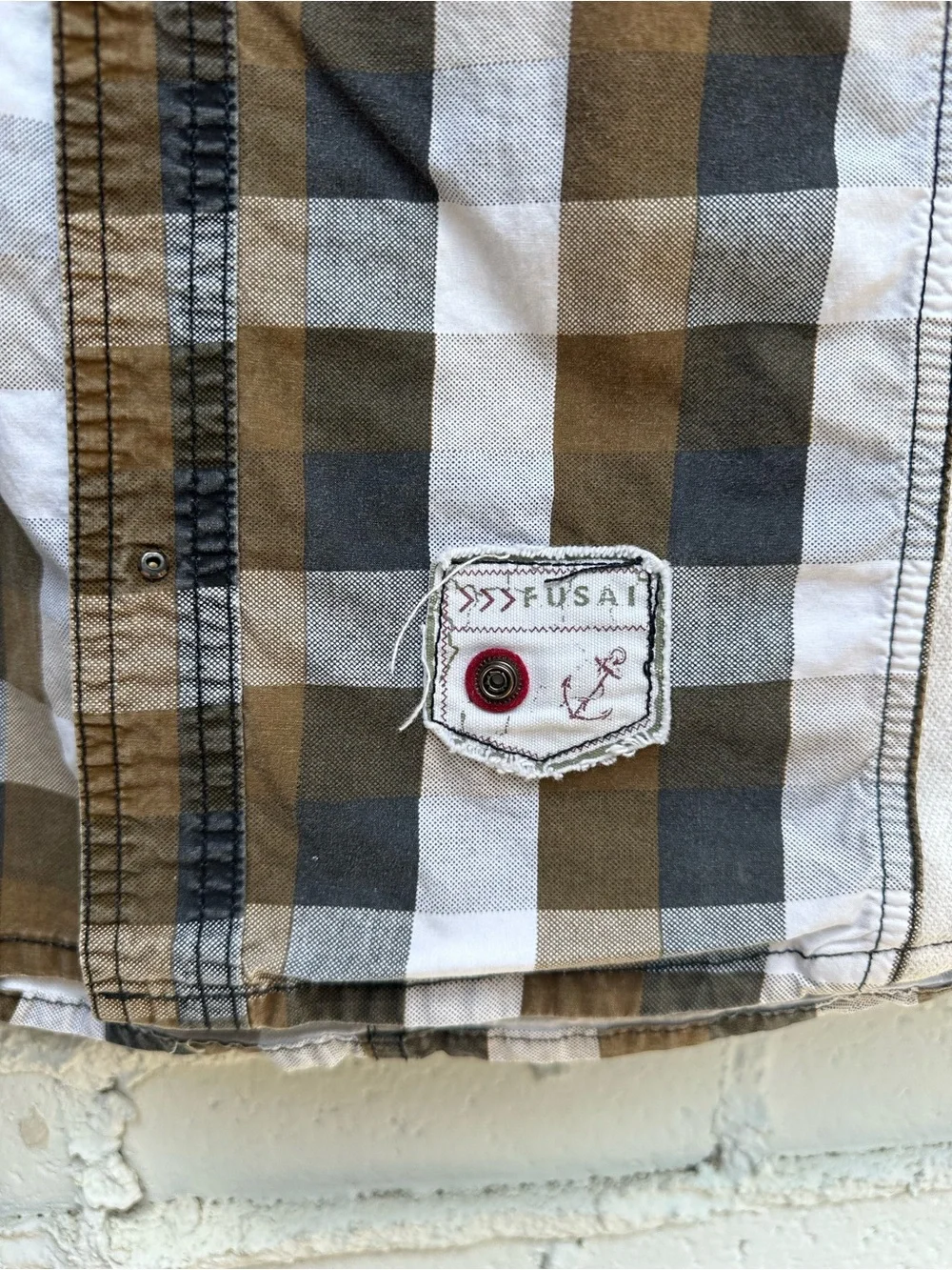 FUSAI Jeans Mens Large Plaid Utility Snap Shirt, Moto Grunge  Y2K Heavy Cotton L